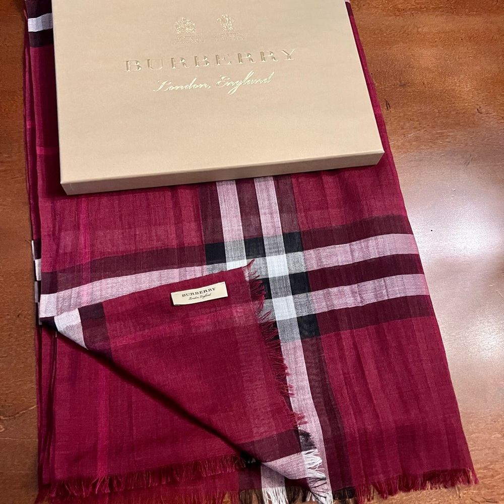 Authentic Burberry Lightweight check wool silk scarf w/ box- perfect condition!